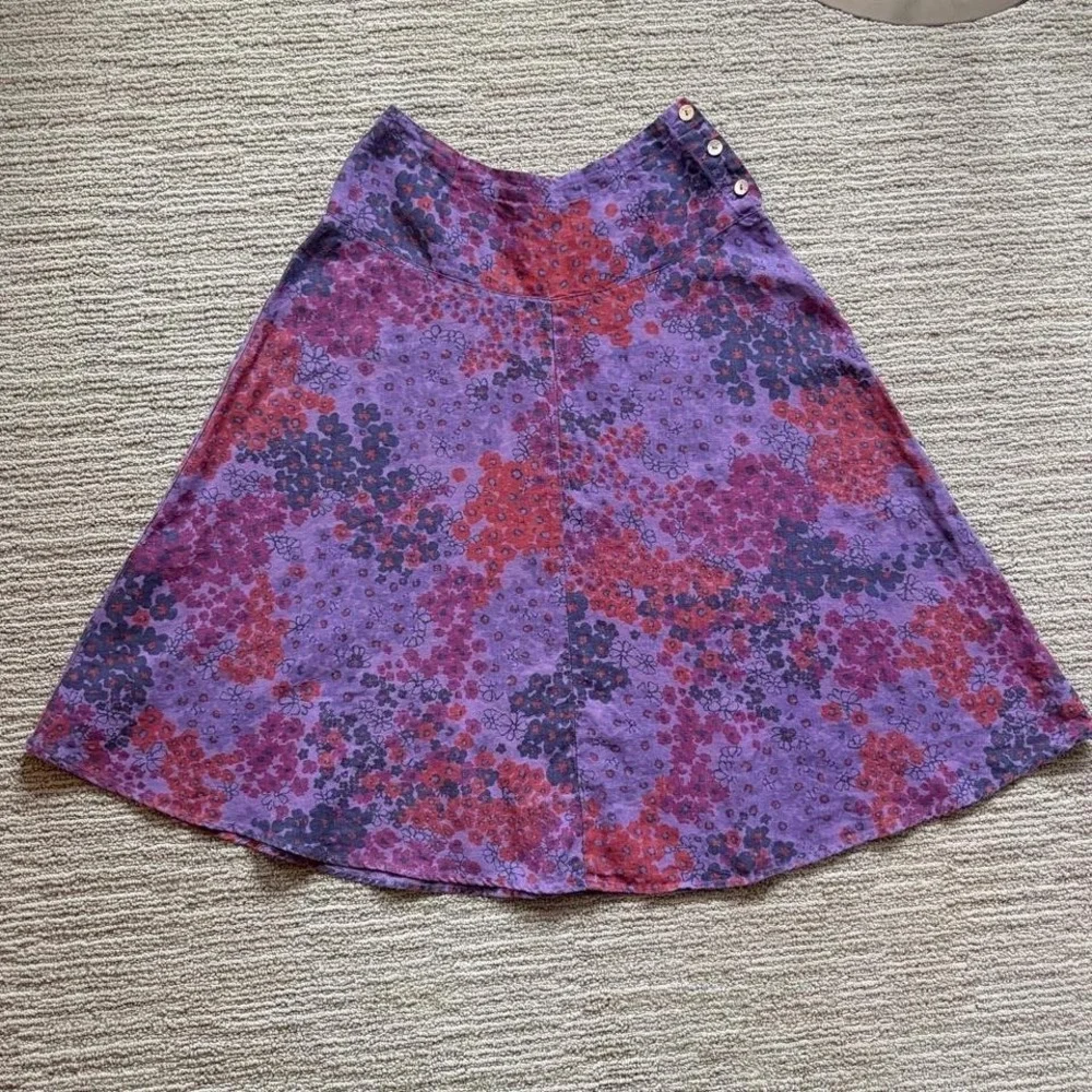 Cut Loose Midi Skirt A-Line Floral Purple Pink Linen Buttons Women's S Low Rise - Picture 2 of 8
